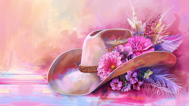 Beautiful cowgirl hat with feather and flowers as wallpaper background illustration with copy space, Watercolor illustration of cowboy hat floral design with copy space