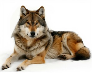 Lone Guardian: A Photorealistic Portrait of a Gray Wolf Resting Against a White Background
