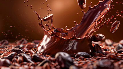 Luxurious Chocolate Pouring Over Cocoa Beans.Tempting Culinary Delight.