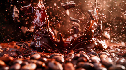 Luxurious Chocolate Pouring Over Cocoa Beans.Tempting Culinary Delight.