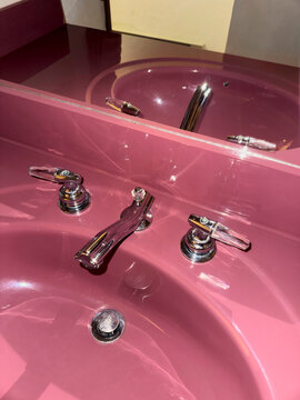 Vintage seventies Pink sink basin with faucet and drain 