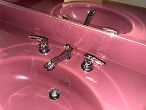 Vintage seventies Pink sink  with faucet and drain 