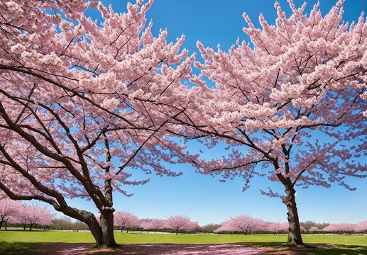 A beautiful pink cherry blossom tree in full bloom, with the sun shining down on it.