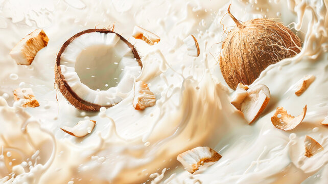 Captivating Coconut Milk Splash with Fresh Coconut Pieces. Culinary Delight in Motion..