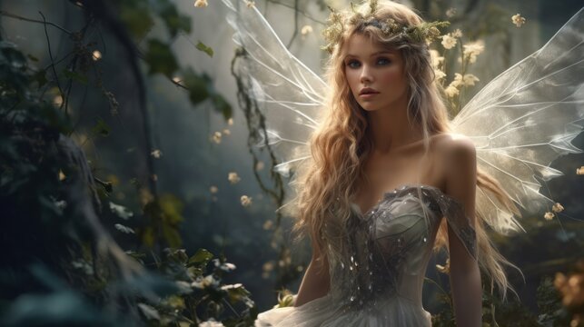 Fantasy illustration of a charming fairy with floral dress, long hair, and magical wings.