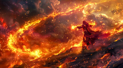 Fiery fantasy sorcerer conjuring a maelstrom of flames - obrazy, fototapety, plakaty