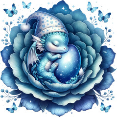 Slumbering Sapphire Dragon on a Dark Blue Rose
