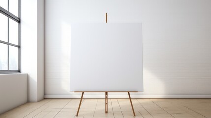 Neutral elegance-an empty canvas on a white easel, positioned on a wooden floor against a white wall.