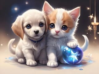 Fototapeta na wymiar lovely fantastic magical drawing beautiful puppy and kitten 