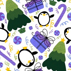Christmas tree and gift box seamless penguin pattern for wrapping paper and fabrics and linens and kids clothes print