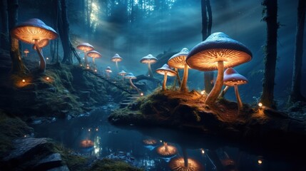 Magical atmosphere: a fantastic forest with a stream in which huge mushrooms are reflected, sunlight and mysterious fog. - obrazy, fototapety, plakaty