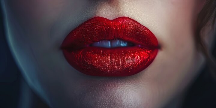 Lips with bright red lipstick close up, elegant woman, background, wallpaper.