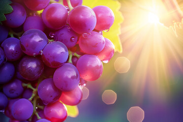 Bunch of red grapes with water drops and sunbeams in the background