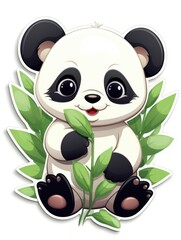Obraz premium Cartoon-style drawing of a little panda with a cute bamboo snack, adding nature's charm to visuals.