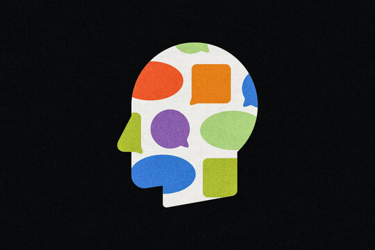 Halftone illustration of a Human Head with Speech Balloons Inside