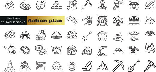 Action plan web icon set in line style. Schedule, plan, implementation, strategy, analysis, collaboration, check, collection. Vector illustration.