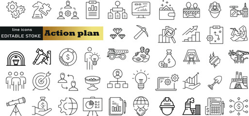 Action plan web icon set in line style. Schedule, plan, implementation, strategy, analysis, collaboration, check, collection. Vector illustration.