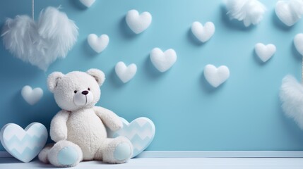 Nature-inspired backdrop with heart-shaped clouds sets the stage for an adorable bear toy, creating a delightful composition.