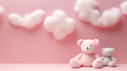 Soft pink and gray bears sitting with fluffy cloud formations on a pink background, stuffed toys and dreamy sky, playful innocence.