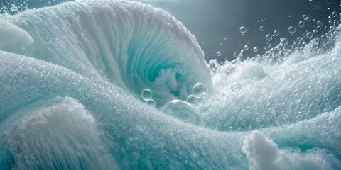 macro shot of a splash of soap foam with transparent bubbles - 777763933