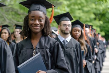 diverse group of graduates walking in a line holding their diplomas