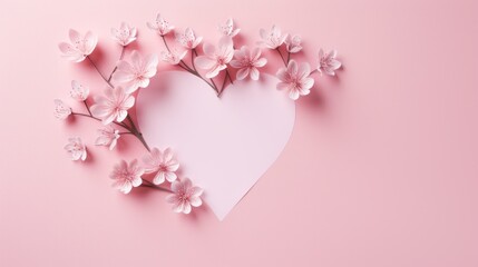 Cherry blossoms arranged in heart shape on pink background, springtime floral decor, love and nature theme, romantic design. Concept: Valentine's Day holiday.