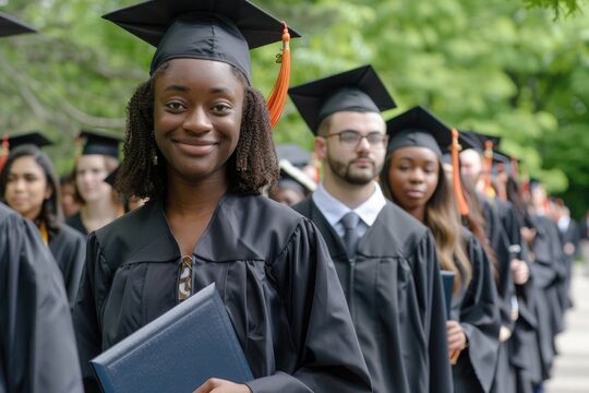 diverse group of graduates walking in a line holding their diplomas