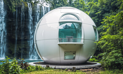 Unique egg-shaped house standing near a roaring waterfall. - 777764367