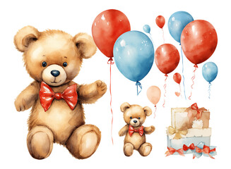 Set of watercolor teddy bears with balloon and flowers decoration vector illustrations for birthday party, kids book, sticker, fabric t-shirt, wall art, sticker