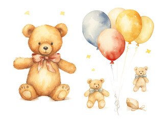 Set of watercolor teddy bears with balloon and flowers decoration vector illustrations for birthday party, kids book, sticker, fabric t-shirt, wall art, sticker