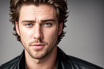 Fototapeta premium A man with long, curly hair wearing a black leather jacket and looking directly at the camera.