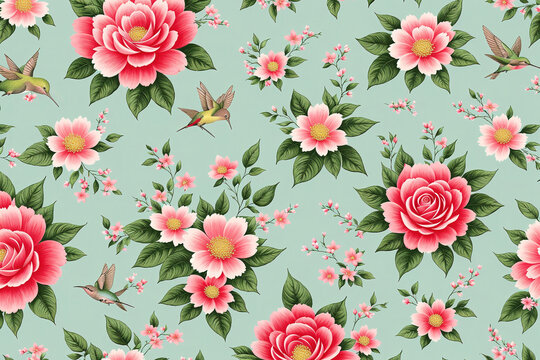 A pink floral wallpaper with birds and flowers.