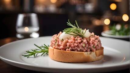 "An appetizing plate of English Beef tartare with onion and rosemary served on toasted bread. The beef tartare is finely minced and seasoned, with visible onion slices and rosemary garnish atop. The t