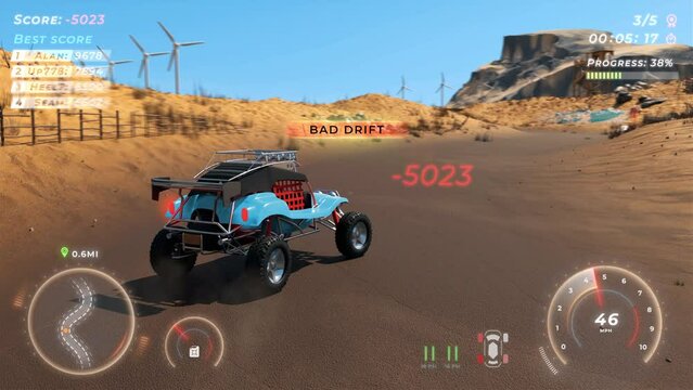 Driving the blue buggy car in the desert area in the computer game. Trying to complete a difficult desert challenge in the driving game. Performing bad drifts in the desert mission of a driving game.