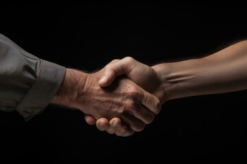 Two male hands in a close-up handshake against a dark backdrop signify a successful partnership and effective teamwork.