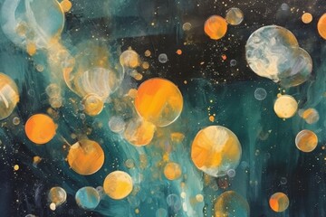 Acrylic painting of bubbles on a dark background, in the style of dark turquoise