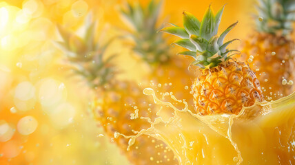 Pineapple Splash. Ripe Pineapple Sliced in Juicy Explosion on Yellow Background