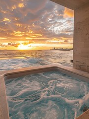 A large hot tub in a room with a view of the ocean. Generative AI.
