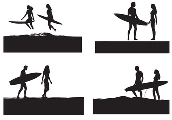 Black surfers with surfboards vector silhouettes set isolated on white background