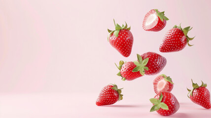Fresh Strawberries Suspended in Air on Pink Background