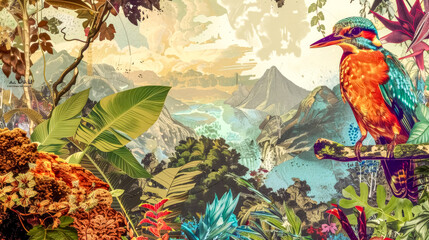 Vibrant kingfisher in tropical paradise illustration