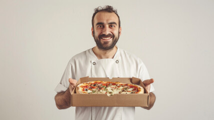  Confident Man Presents Delicious Pizza Against White Background