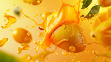 Mango Splash: Ripe Mangoes in Juicy Explosion on Yellow Background