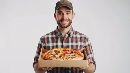  Confident Man Presents Delicious Pizza Against White Background
