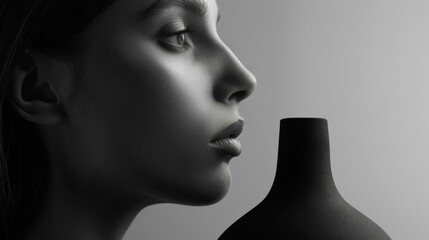 A woman with a black vase in front of her nose. Generative AI.