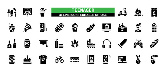 36 Teenager Line Icons Set Pack Editable Stroke Vector Illustration. - obrazy, fototapety, plakaty