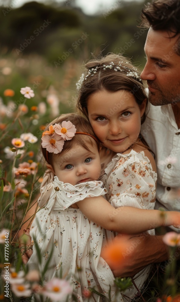 Wall mural A man and two girls in a field of flowers. AI.