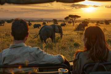 A couple of people are watching elephants in the savanna. Generative AI.