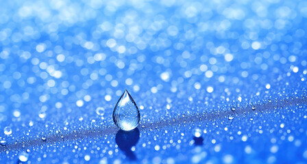 A raindrop on a wet surface, with a blurred background. - obrazy, fototapety, plakaty