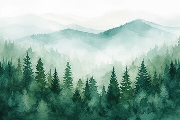 Watercolor forest hill landscape background. Beautiful watercolor nature landscape with forest, trees, nature and sky. Watercolor illustration design elements for landscape background and wallpaper.